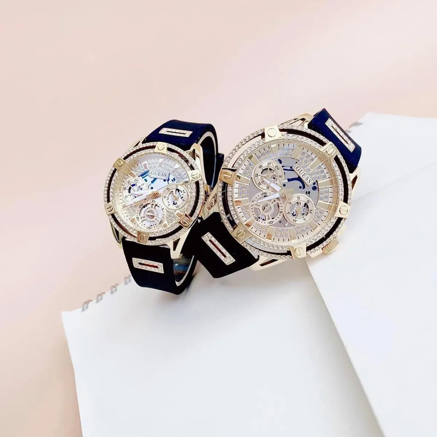Guess Queen Quartz Gold Dial Black Silicone Strap Watch For Women - GW0536L3