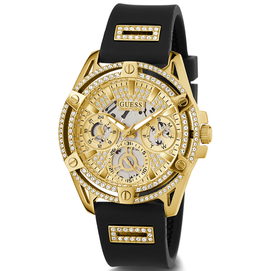 Guess Queen Quartz Gold Dial Black Silicone Strap Watch For Women - GW0536L3