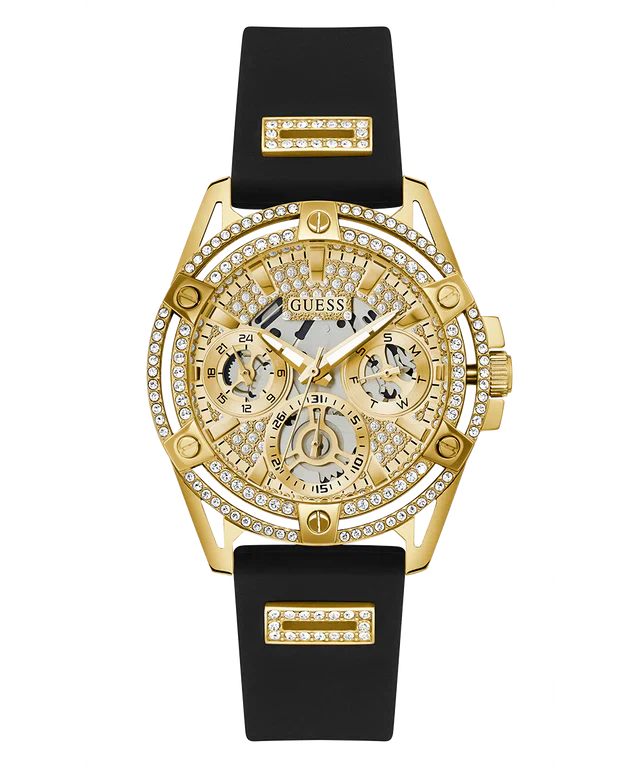 Guess Queen Quartz Gold Dial Black Silicone Strap Watch For Women - GW0536L3