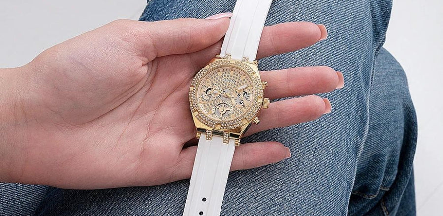 Guess Queen Quartz Gold Dial White Silicone Strap Watch For Women - GW0536L2