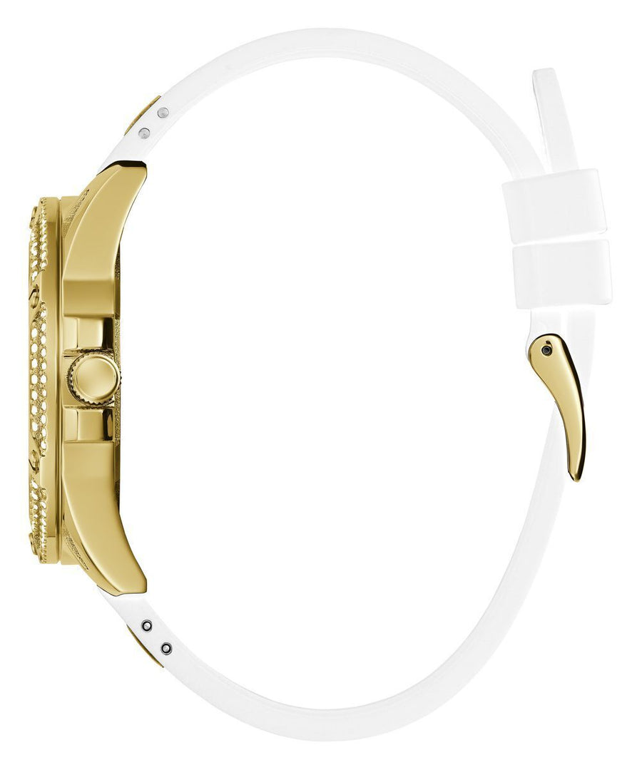 Guess Queen Quartz Gold Dial White Silicone Strap Watch For Women - GW0536L2