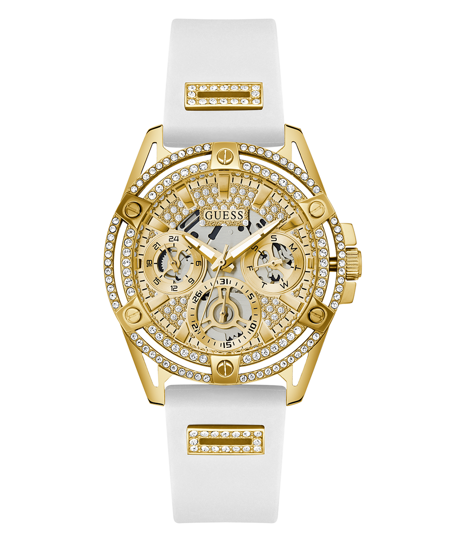 Guess Queen Quartz Gold Dial White Silicone Strap Watch For Women - GW0536L2