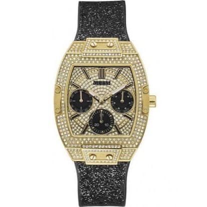 Guess Raven Diamonds Champagne Dial Black Rubber Strap Watch For Women - GW0105L2