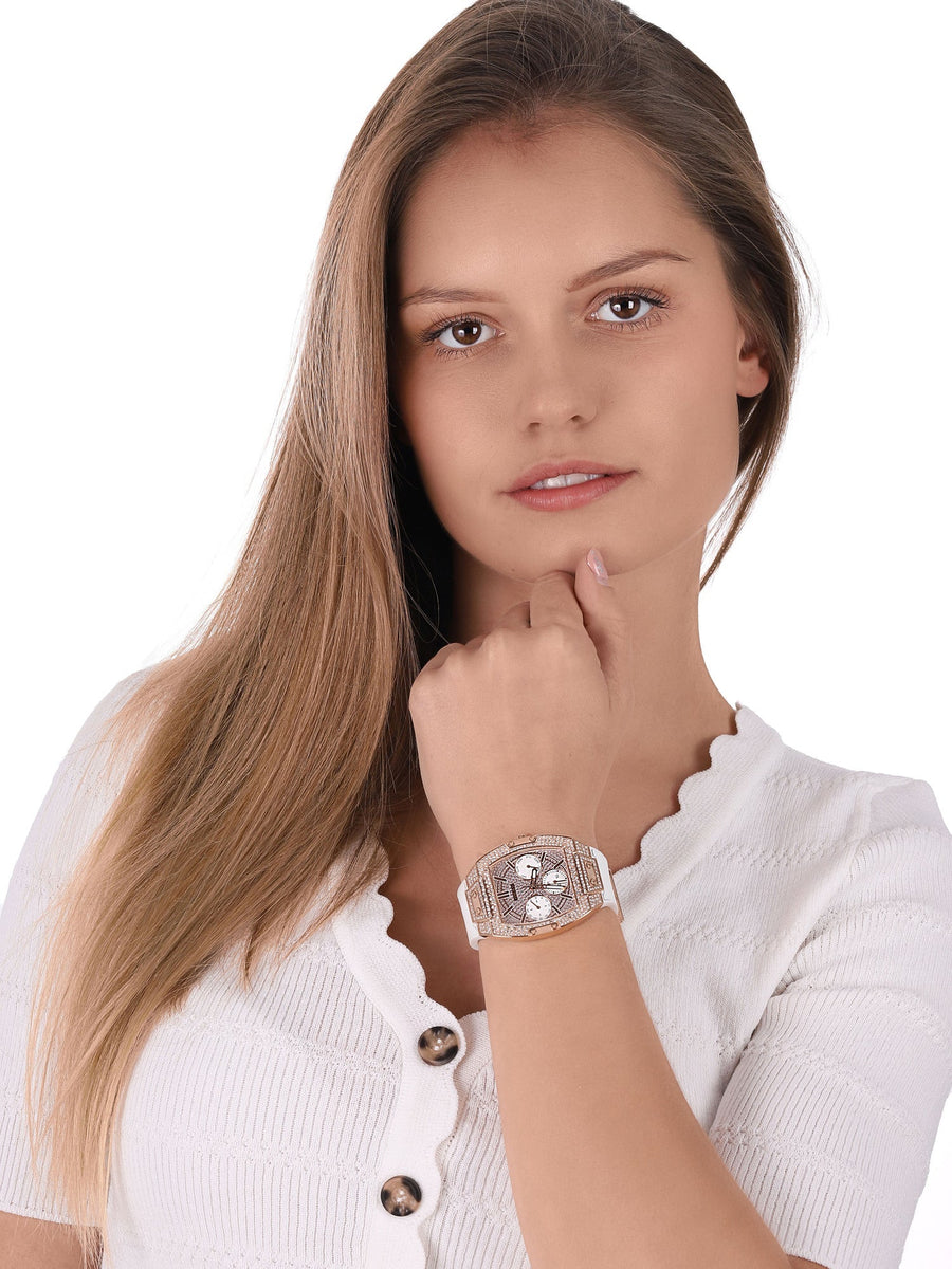 Guess Raven Diamonds Rose Gold Dial White Silicone Strap Watch for Women - GW0105L3