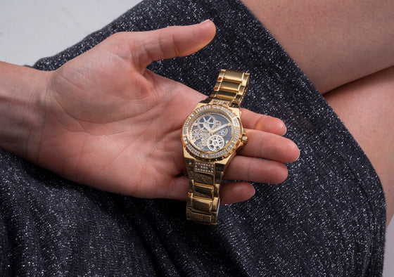 Guess Viva Diamonds Gold Dial Gold Steel Strap Watch for Women - W0111L2