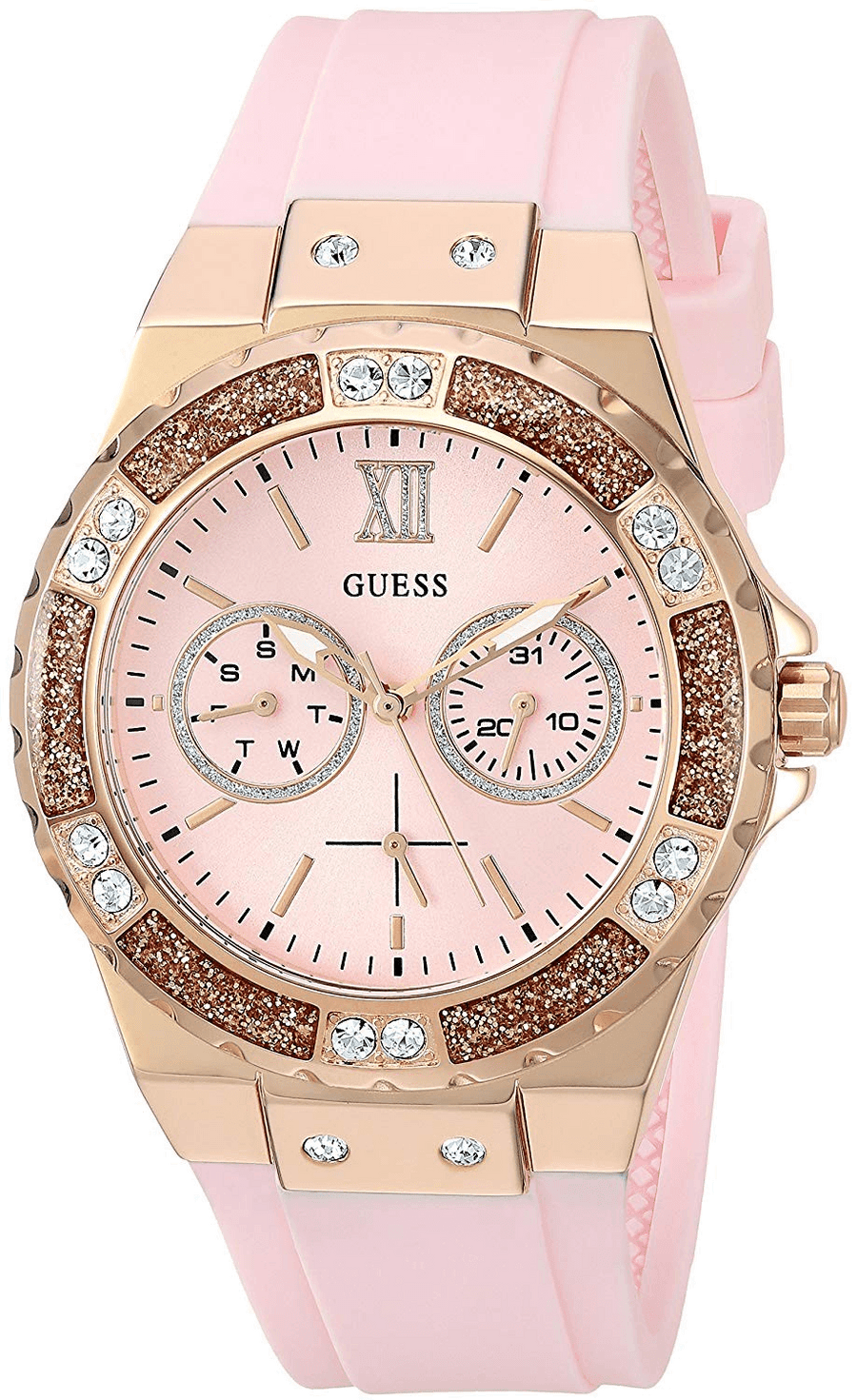 Guess Rose Gold Dial with Diamonds Pink Rubber Strap Watch For Women - W1053L3