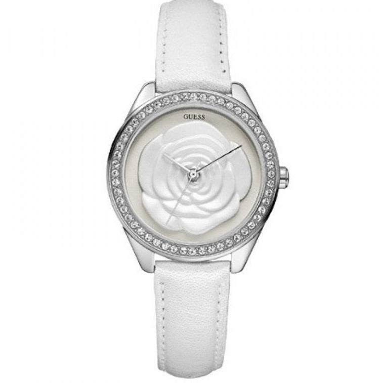 Guess Rosette Analog White Dial White Leather Strap Watch For Women - W75043L1
