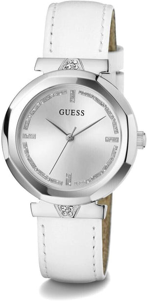 Guess Rumour Silver Dial White Leather Strap Watch For Women - GW0689L1