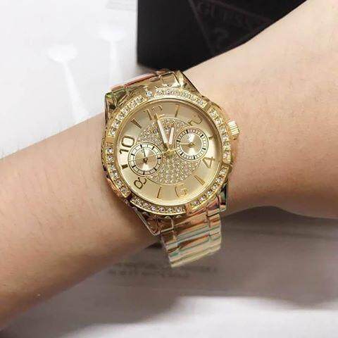 Guess Sassy Analog Quartz Gold Dial Gold Steel Strap Watch For Women - W0705L2