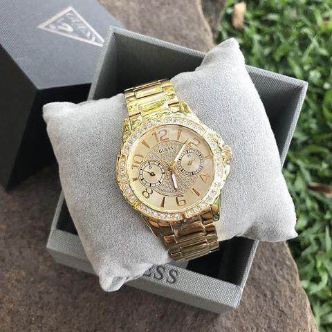 Guess Sassy Analog Quartz Gold Dial Gold Steel Strap Watch For Women - W0705L2