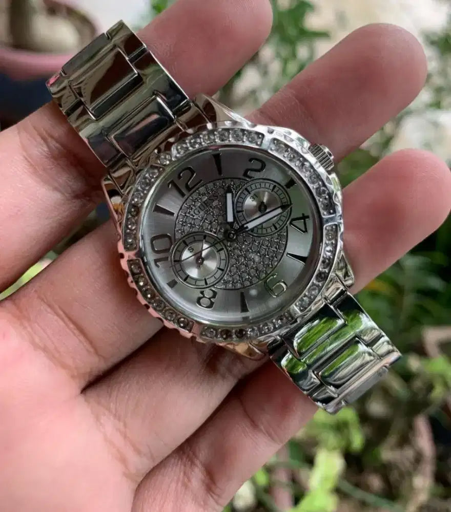 Guess Sassy Multifunction Quartz Silver Dial Silver Steel Strap Watch For Women - W0705L1