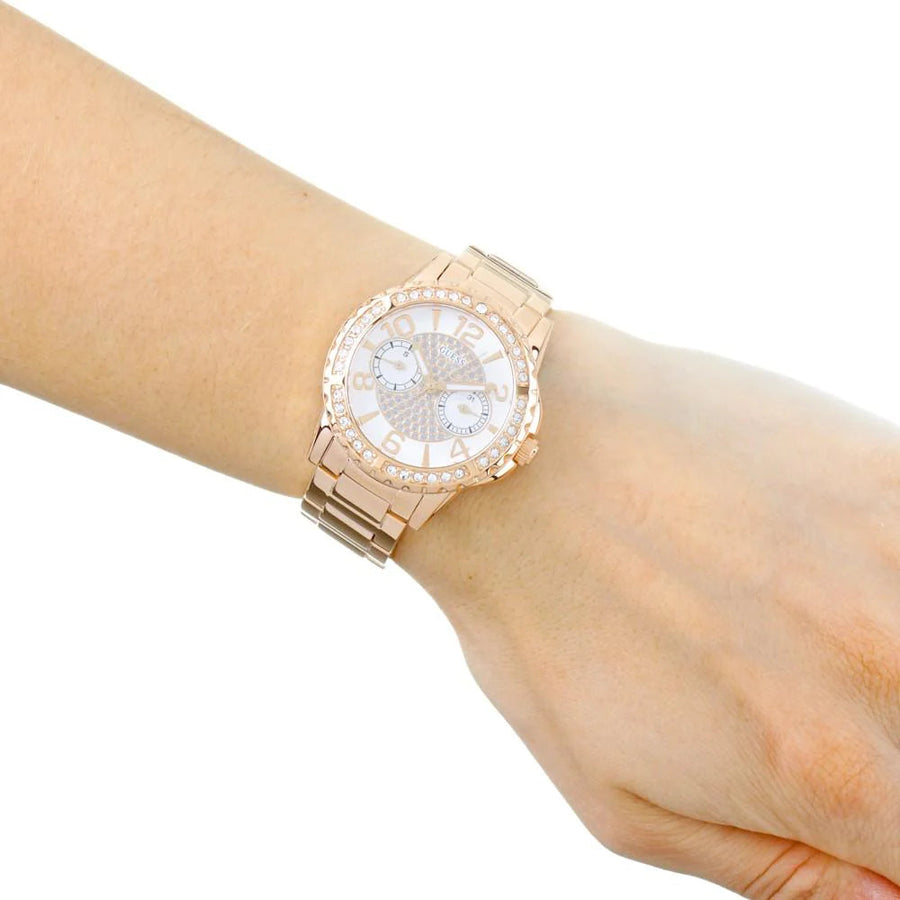 Guess Sassy Quartz White Dial Rose Gold Steel Strap Watch For Women - W0705L3