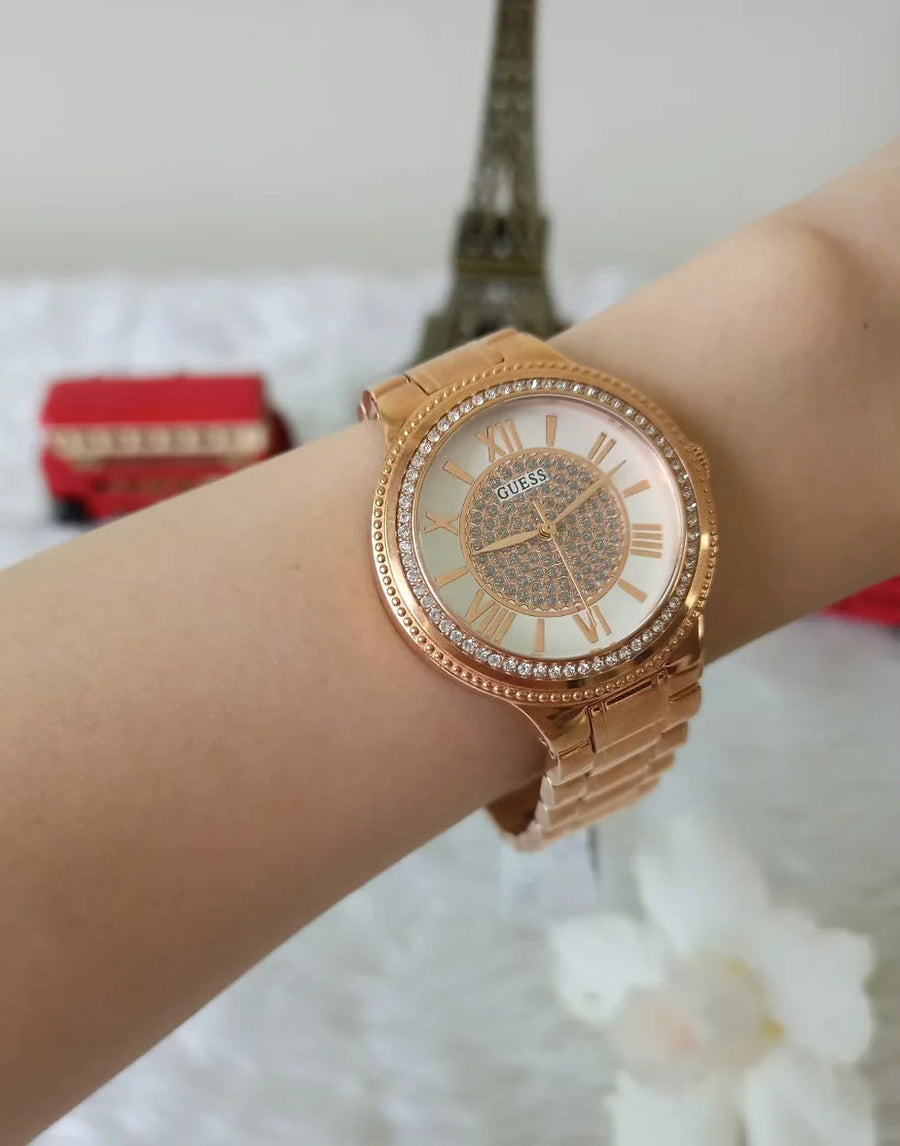 Guess Sassy Quartz White Dial Rose Gold Steel Strap Watch For Women - W0705L3