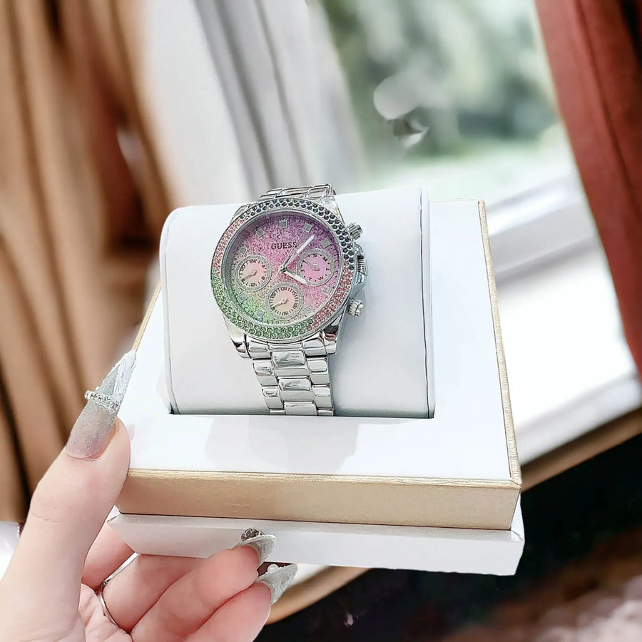 Guess Sol Chronograph Crystals Multicolor Dial Silver Steel Strap Watch For Women - GW0483L1