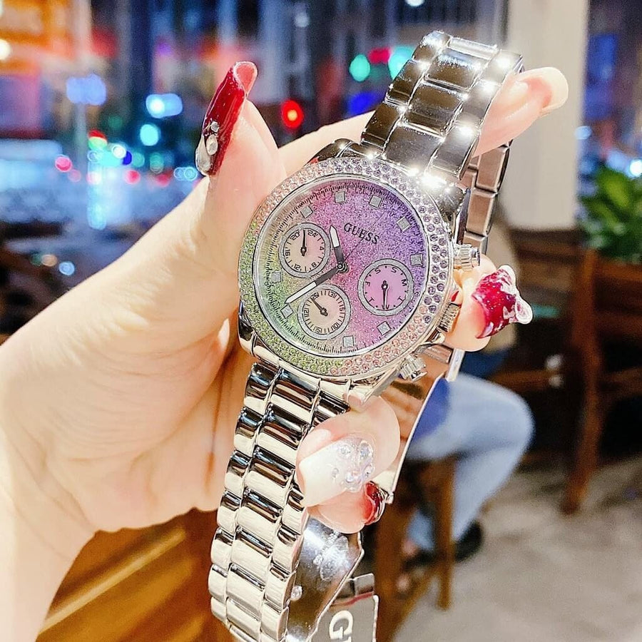 Guess Sol Chronograph Crystals Multicolor Dial Silver Steel Strap Watch For Women - GW0483L1