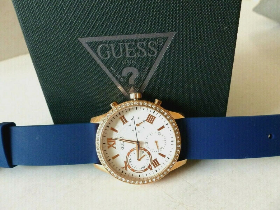 Guess Solar White Rose Gold Dial Blue Rubber Strap Watch For Women - W1135L3