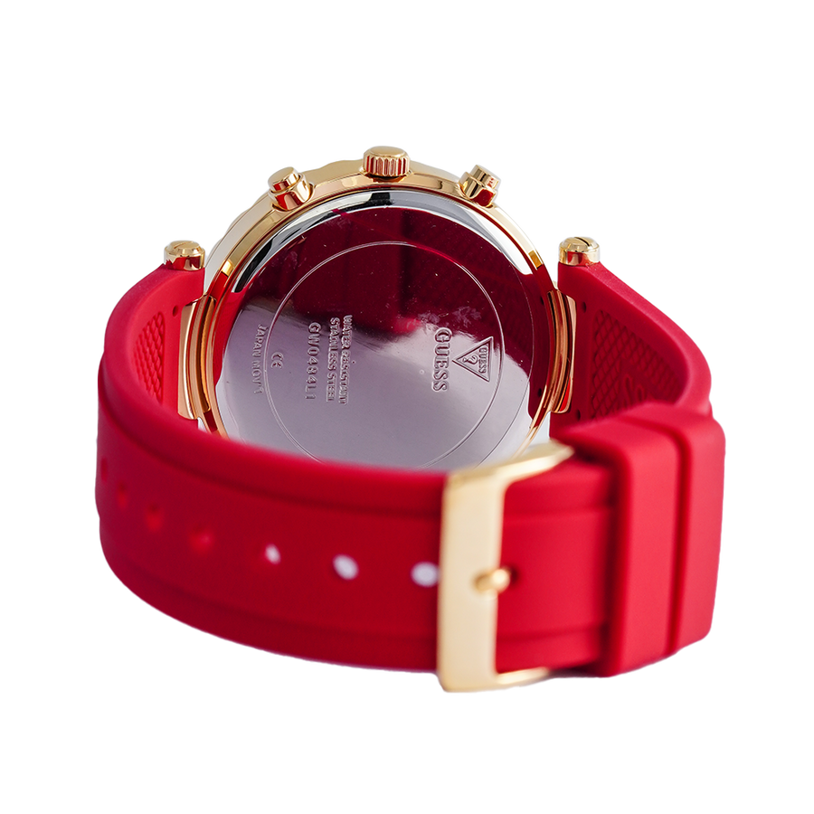 Guess Solstice Diamonds Gold Dial Red Rubber Strap Watch for Women - GW0484L1
