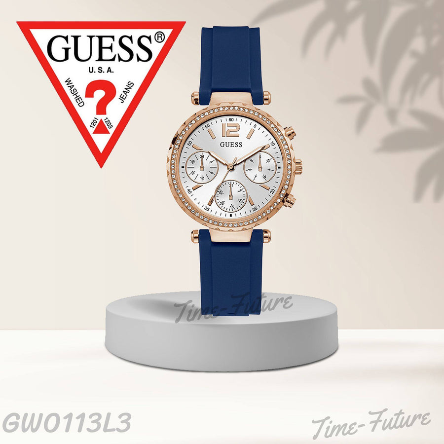 Guess Solstice Diamonds Silver Dial Blue Rubber Strap Watch for Women - GW0113L3