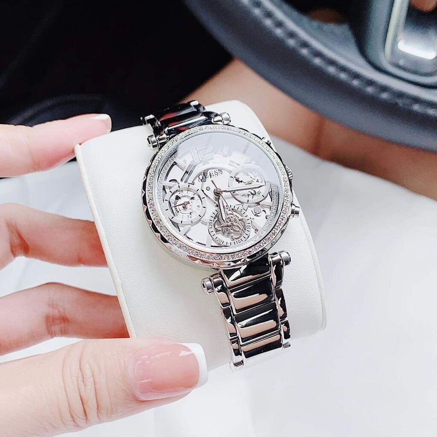Guess Solstice Diamonds Silver Dial Silver Steel Strap Watch for Women - GW0403L1