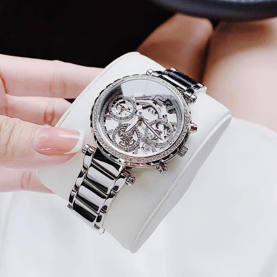 Guess Solstice Diamonds Silver Dial Silver Steel Strap Watch for Women - GW0403L1