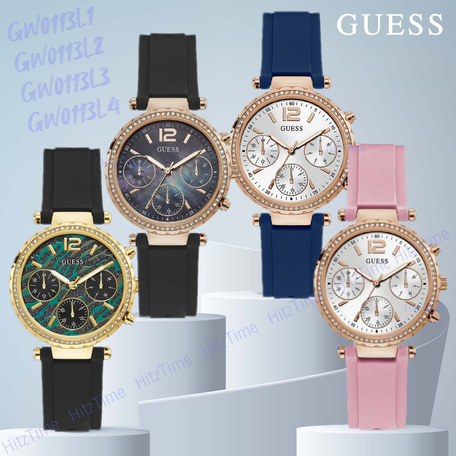 Guess Solstice Diamonds White Dial Pink Rubber Strap Watch For Women - GW0113L4