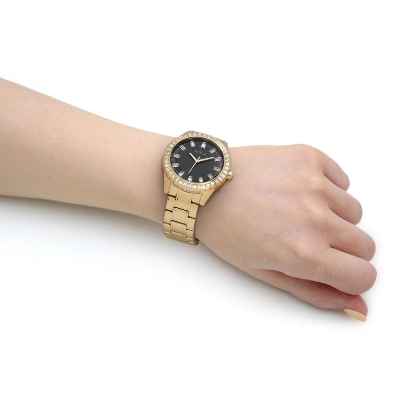 Guess Sparkler Diamonds Black Dial Gold Steel Strap Watch for Women - GW0111L2