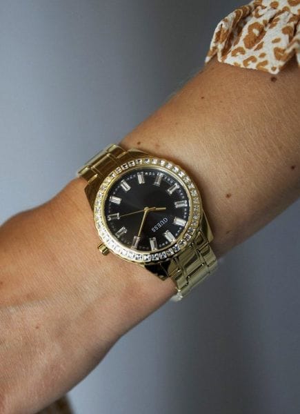 Guess Sparkler Diamonds Black Dial Gold Steel Strap Watch for Women - GW0111L2