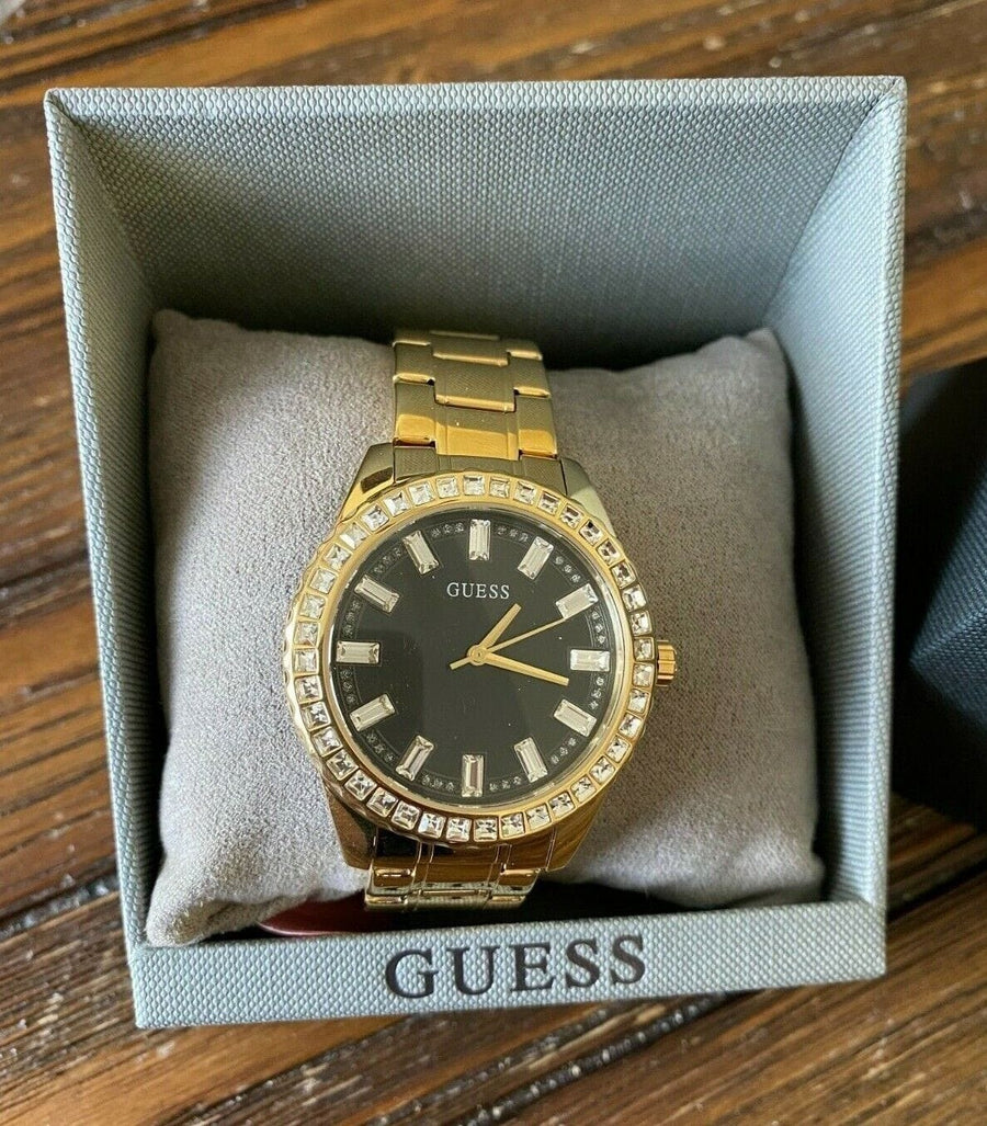 Guess Sparkler Diamonds Black Dial Gold Steel Strap Watch for Women - GW0111L2