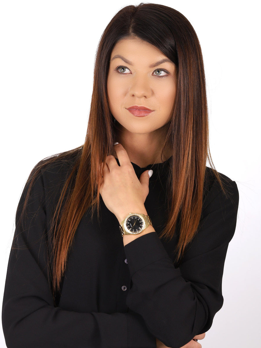 Guess Sparkler Diamonds Black Dial Gold Steel Strap Watch for Women - GW0111L2
