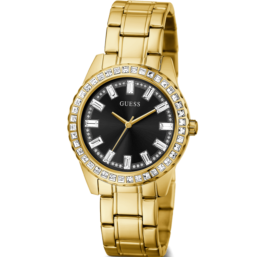 Guess Sparkler Diamonds Black Dial Gold Steel Strap Watch for Women - GW0111L2