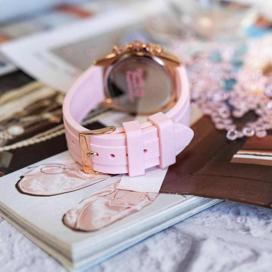 Guess Sparkling Chronograph Crystals Pink Dial Pink Silicone Strap Watch For Women - GW0032L4