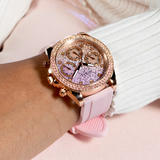 Guess Sparkling Chronograph Crystals Pink Dial Pink Silicone Strap Watch For Women - GW0032L4