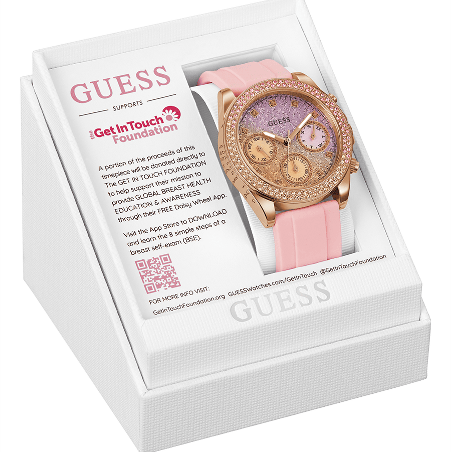 Guess Sparkling Chronograph Crystals Pink Dial Pink Silicone Strap Watch For Women - GW0032L4