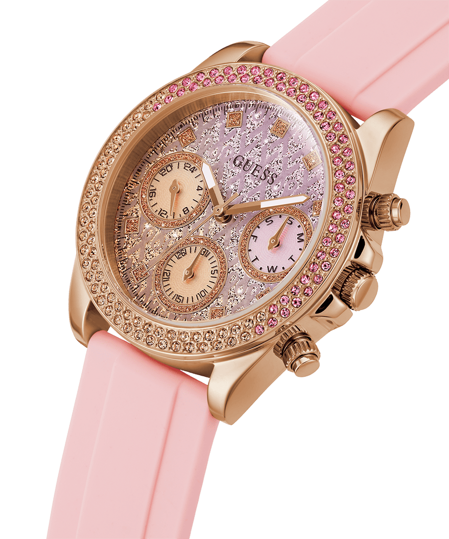 Guess Sparkling Chronograph Crystals Pink Dial Pink Silicone Strap Watch For Women - GW0032L4