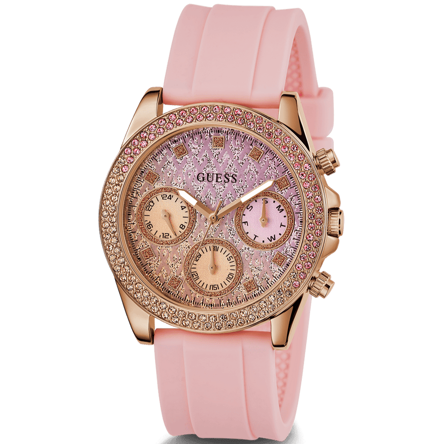 Guess Sparkling Chronograph Crystals Pink Dial Pink Silicone Strap Watch For Women - GW0032L4