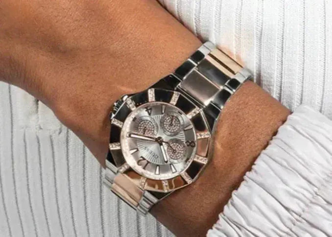 Guess Sunray Multifunction Crystals Silver Dial Two Tone Steel Strap Watch For Women - GW0616L3