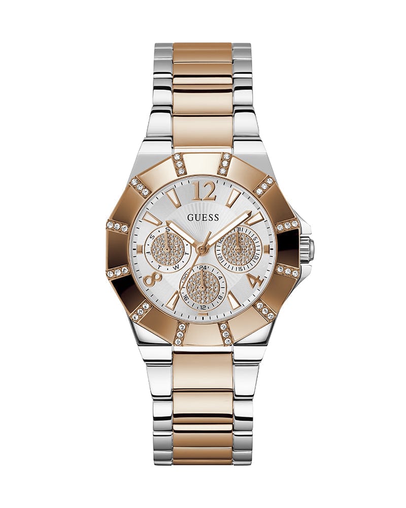 Guess Sunray Multifunction Crystals Silver Dial Two Tone Steel Strap Watch For Women - GW0616L3