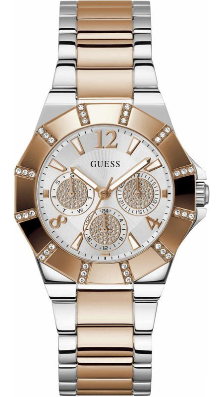Guess Sunray Multifunction Crystals Silver Dial Two Tone Steel Strap Watch For Women - GW0616L3
