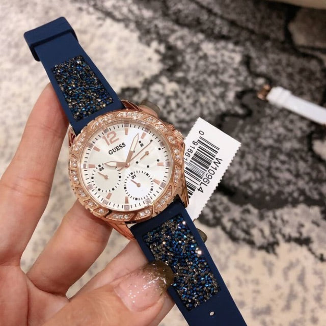 Guess Swirl Analog Quartz White Dial Blue Rubber Strap Watch for Women - W1096L4