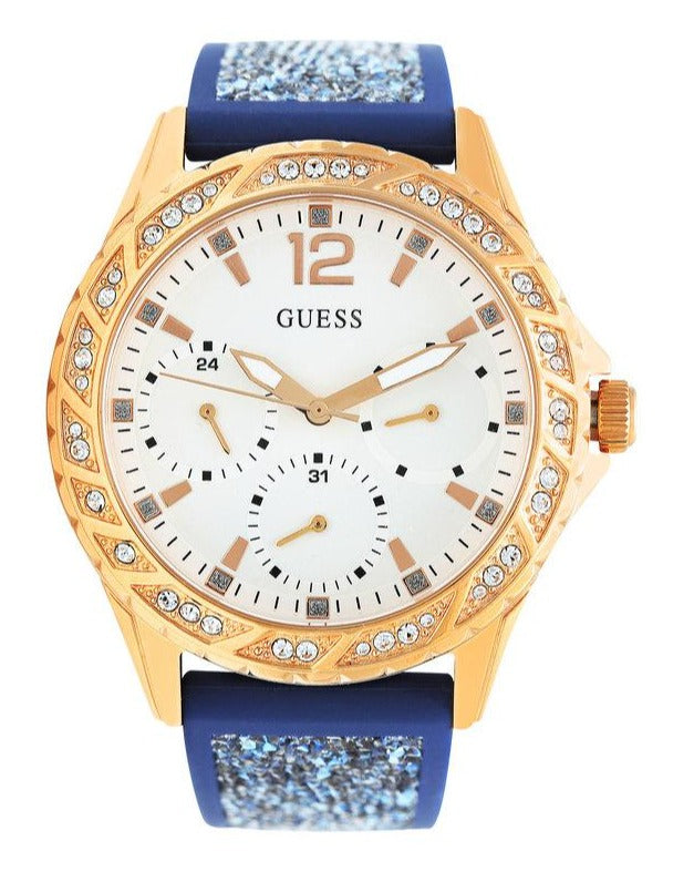 Guess Swirl Analog Quartz White Dial Blue Rubber Strap Watch for Women - W1096L4