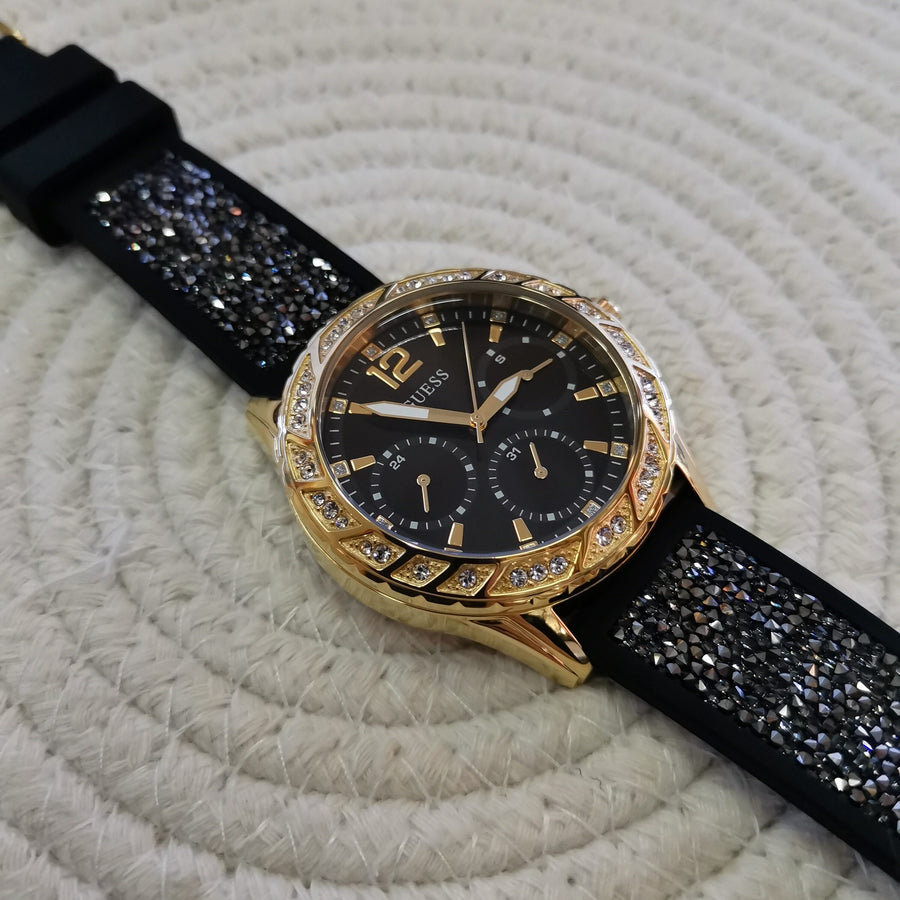 Guess Swirl Quartz Black Dial Black Silicone Strap Watch for Women - W1096L3