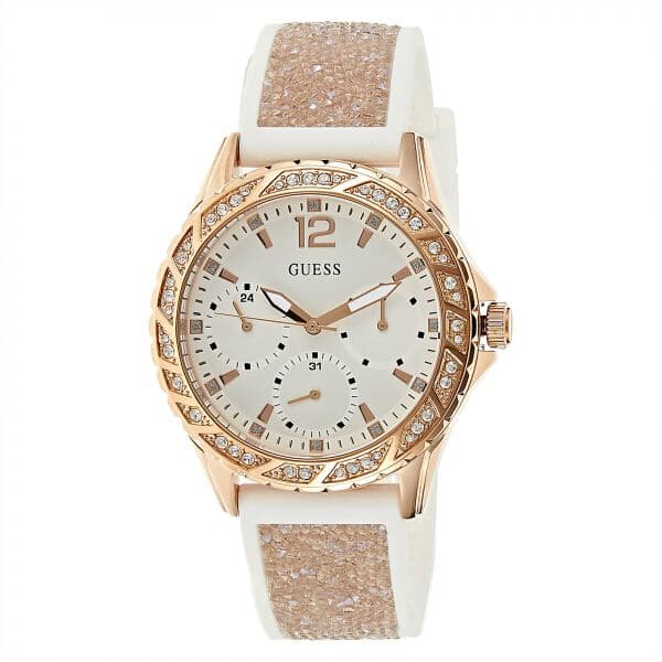 Guess Swirl Quartz Silver Dial White Rubber Strap Watch For Women - W1096l2