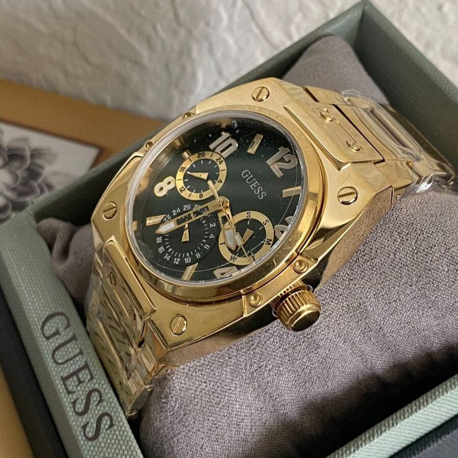 Guess Trend Analog Green Dial Gold Steel Strap Watch For Men - GW0624G2