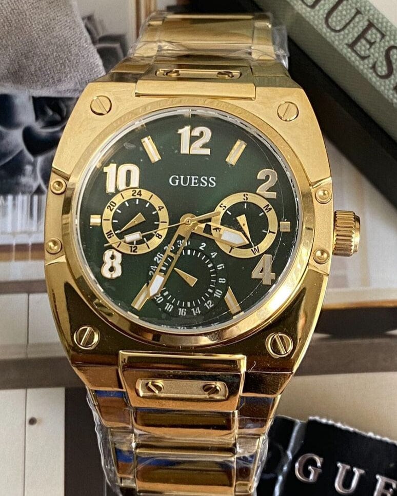 Guess Trend Analog Green Dial Gold Steel Strap Watch For Men - GW0624G2
