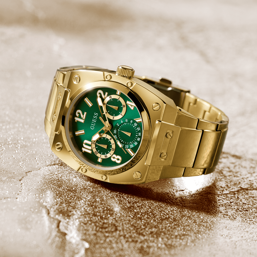 Guess Trend Analog Green Dial Gold Steel Strap Watch For Men - GW0624G2
