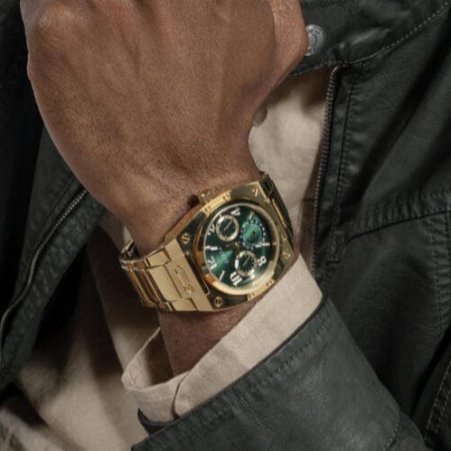 Guess Trend Analog Green Dial Gold Steel Strap Watch For Men - GW0624G2