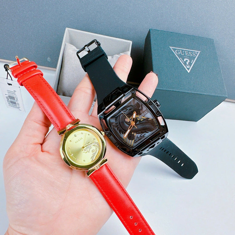 Guess Trend Dragon Gold Dial Red Leather Strap Watch For Women - GW0646L1