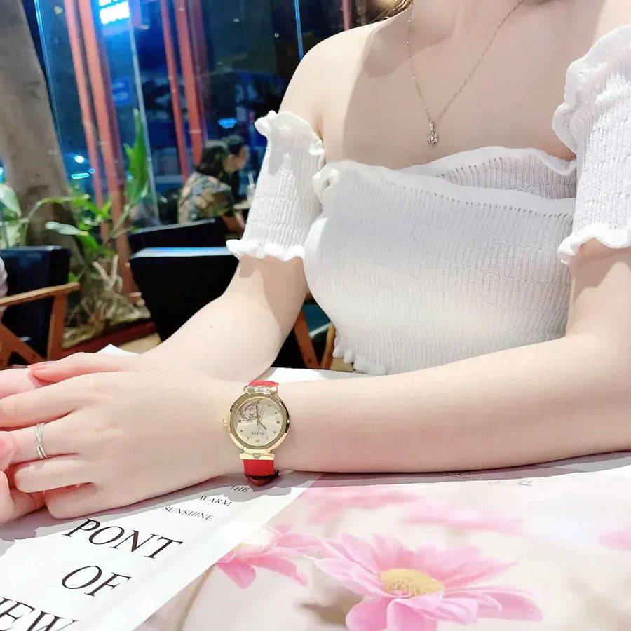 Guess Trend Dragon Gold Dial Red Leather Strap Watch For Women - GW0646L1