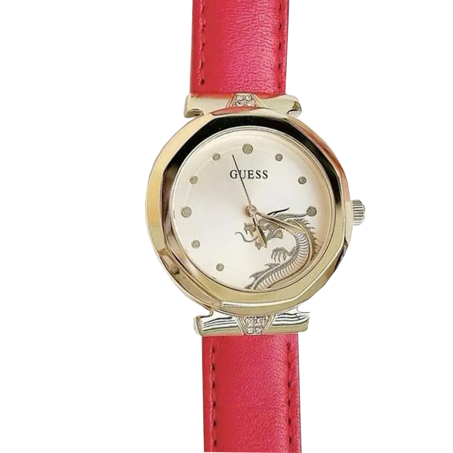 Guess Trend Dragon Gold Dial Red Leather Strap Watch For Women - GW0646L1