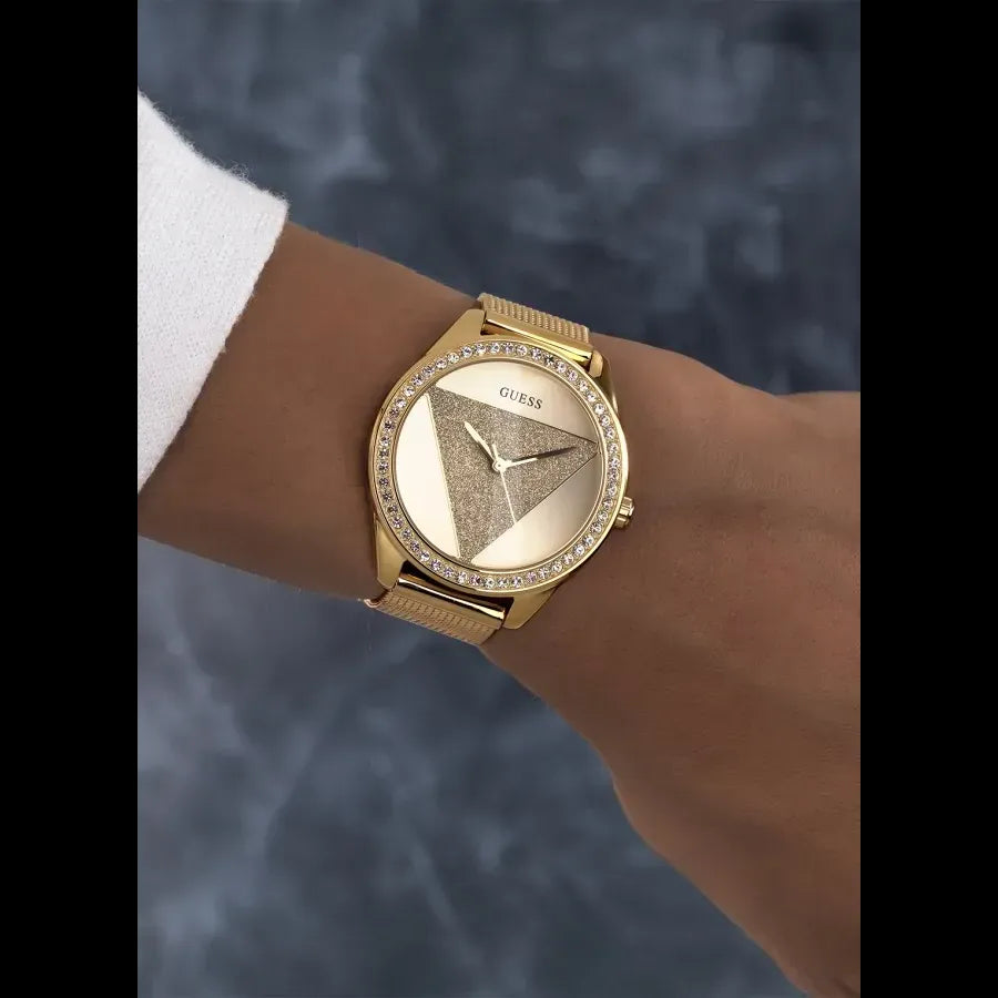 Guess Tri Glitz Quartz Diamonds Gold Dial Gold Mesh Bracelet Watch For Women - W1142L2